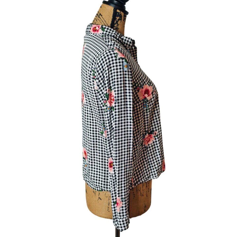 H&M Divided Button-Up Blouse 8 Black Gingham Floral Lng Slv Lightweight Festive - Picture 2 of 6
